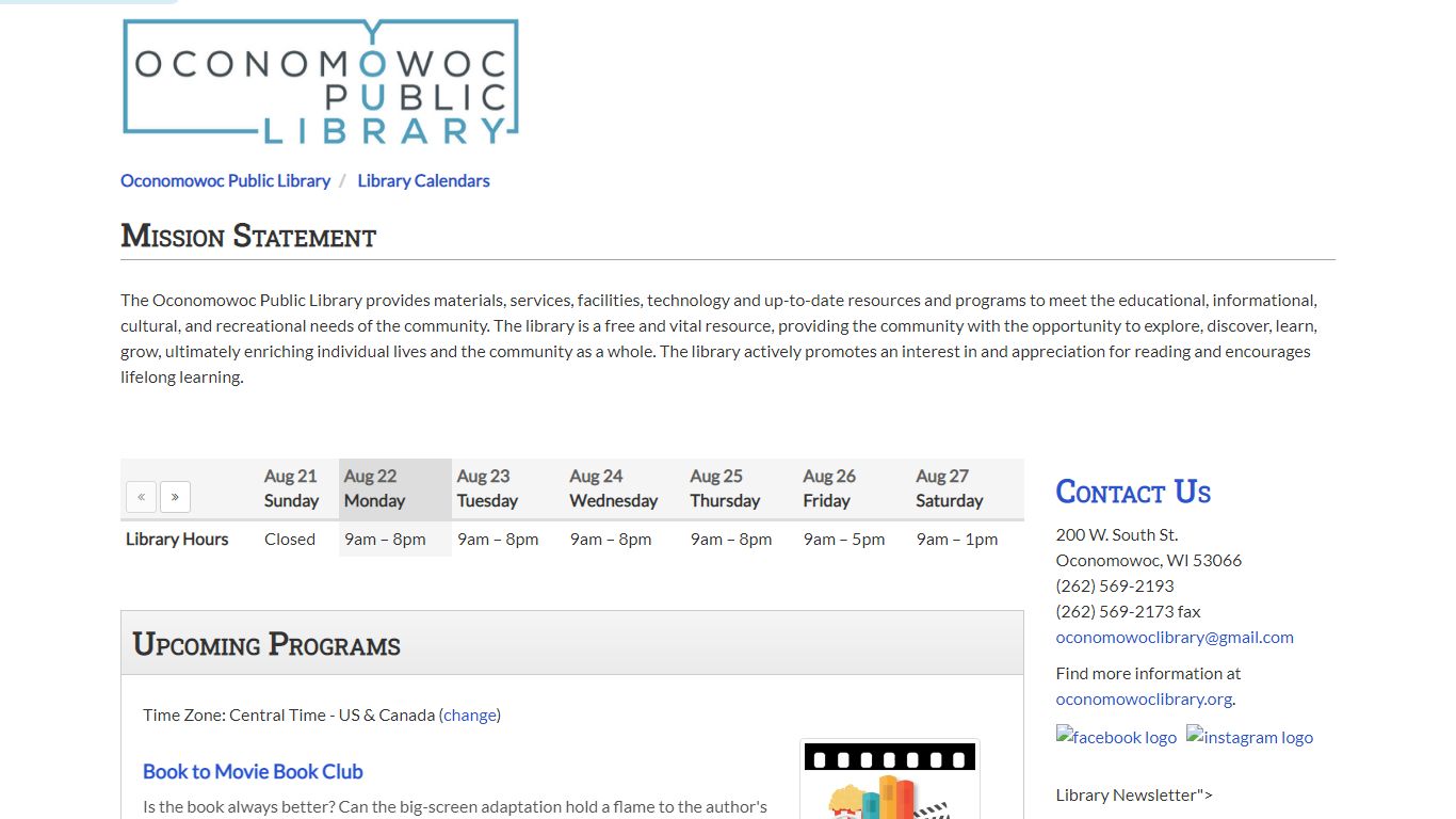 Library Calendars - Oconomowoc Public Library